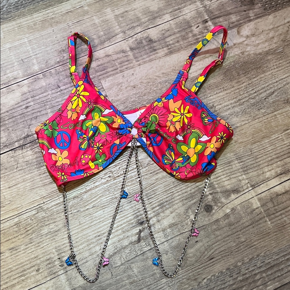IHeart Raves Colorful Floral Bikini Top with Chains